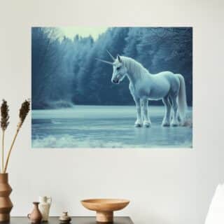 Tableau Licorne solitaire sur un lac gelée
