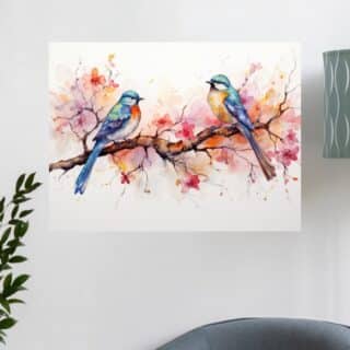 Tableau Oiseau Deux oiseaux colorés sur une branche fleurie