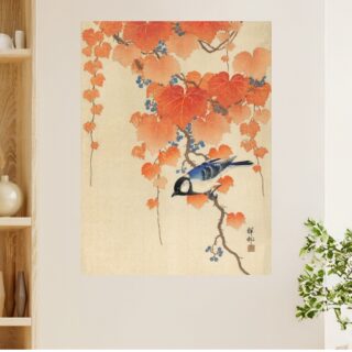 Tableau Japonais Oiseau sur Branche et Lierre Rouge