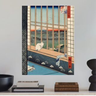 Tableau Chat Blanc Contemplant le Mont Fuji Estampe Japonaise