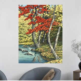 Tableau Forêt Automnale Rivière Érables Estampe Japonaise