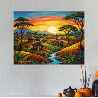 Tableau Africain Coloré Village au Coucher de Soleil