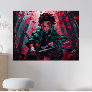 Tableau Demon Slayer Tanjiro Feuillage Rouge Automne