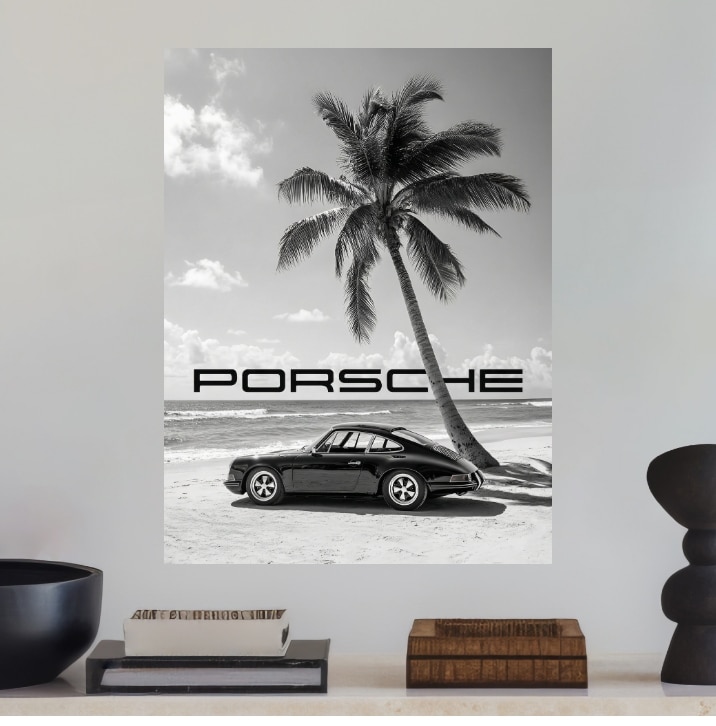 Tableau Porsche 911 Plage Palmier Noir et Blanc