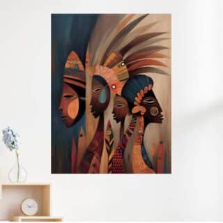 Tableau Deux Visages Africains Coiffes Royales Art Tribal Abstrait